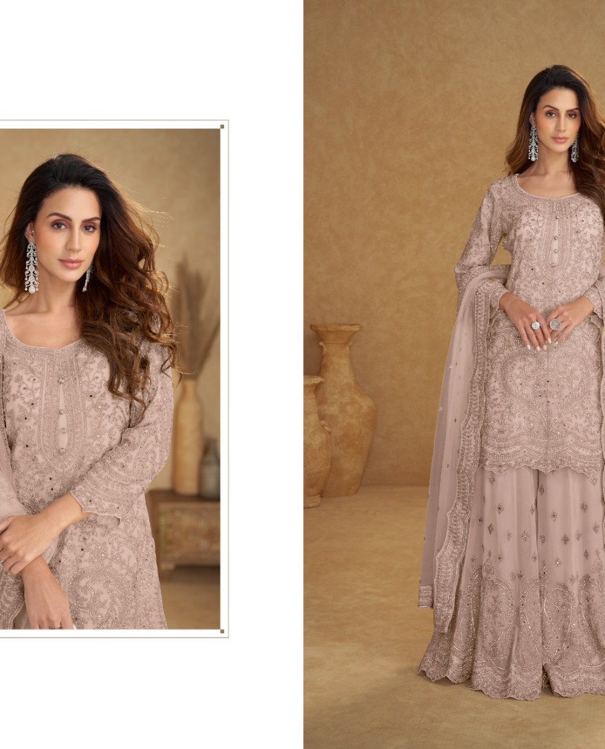 8113-E - Net Dusty Mauve Embroidered Wedding Palazzo Suit